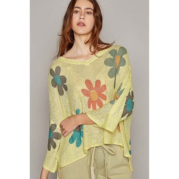 POL V-Neck Colorful Flower Print Light Weight Sweater Top - Picture 2 of 6